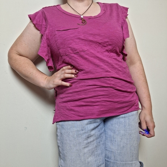 Free People So Easy Pink Ruffle Sleeve Pocket Modal & Cotton Blouse Size Small - Picture 2 of 11